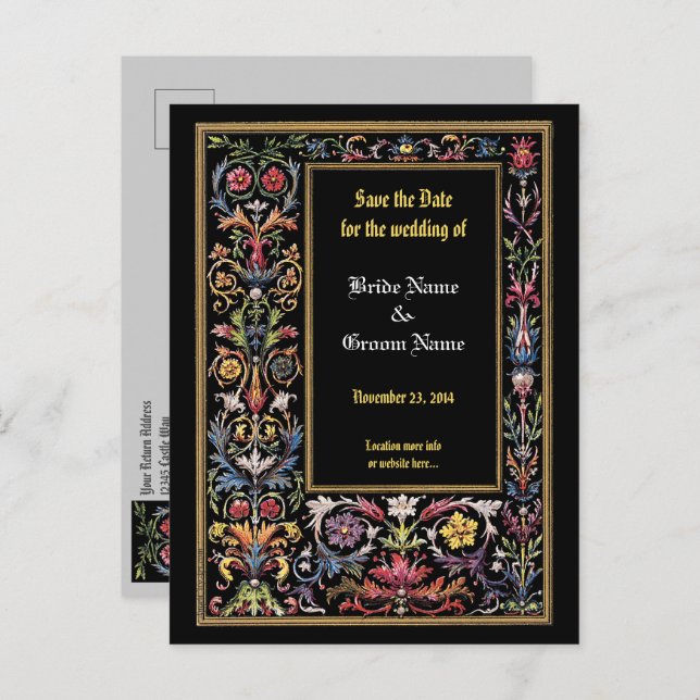 Save the Date Floral Illuminated Mediaeval Postcar Holiday Postcard (Front/Back)