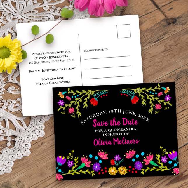 Save the Date  Floral Mexican Fiesta Black Announcement Postcard (Quinceanera save the date from my Mexican Fiesta Floral collection
)