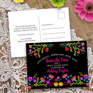 Save the Date Floral Mexican Fiesta Black Sweet 16 Announcement Postcard