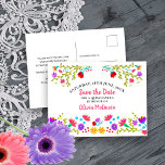 Save the Date  Floral Mexican Fiesta White Announcement Postcard<br><div class="desc">Save the Date Postcard which you can customise to suit any occasion. The floral design has an abundance of pretty Mexican Fiesta flowers on the front with sweet typography in pink. The template is set up for you to personalise the postcard with your special date, your occasion and your name,...</div>