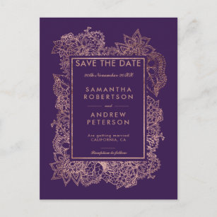 Save the Date floral rose gold purple grape Announcement Postcard