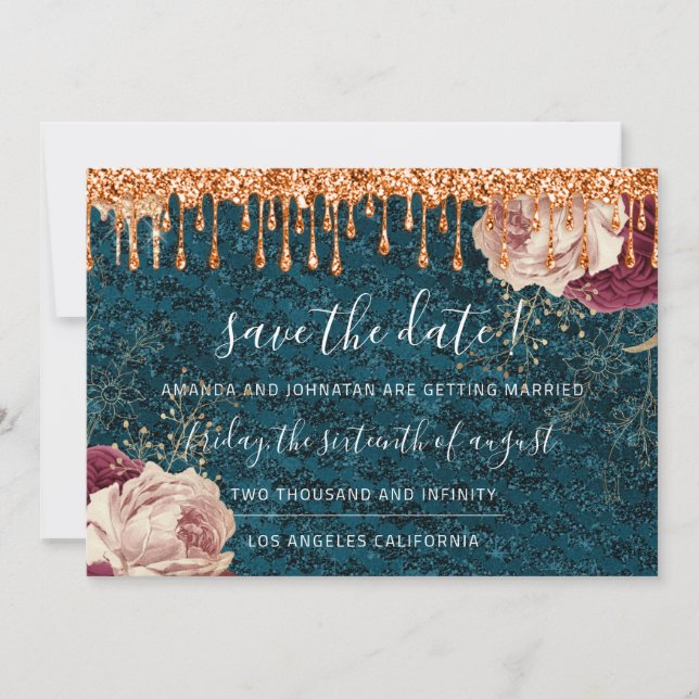 Save The Date Florals Rose Copper Drip Teal Wreath (Front)