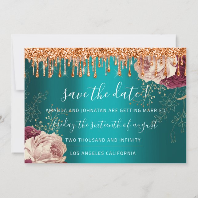 Save The Date Florals Rose Copper Drips Teal  (Front)