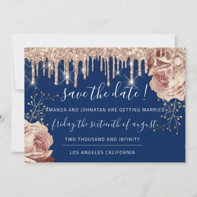 Save The Date Florals Roses Drips Blue Navy (Front)