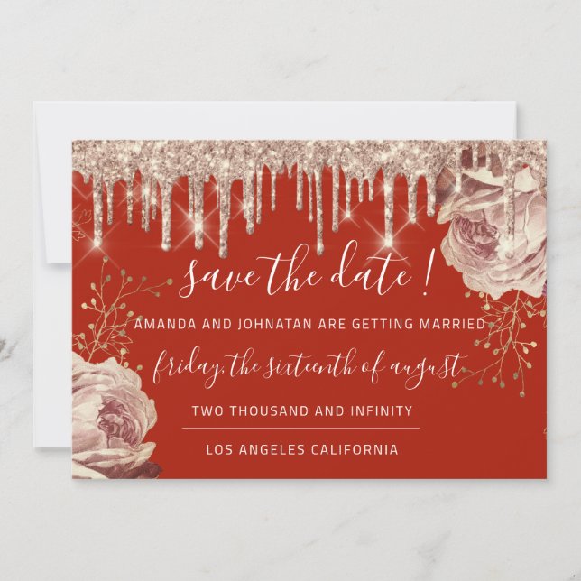 Save The Date Florals Roses Drips Burgundy Ivory  (Front)