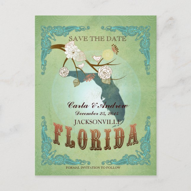 Save The Date - Florida Map With Lovely Birds Announcement Postcard (Front)