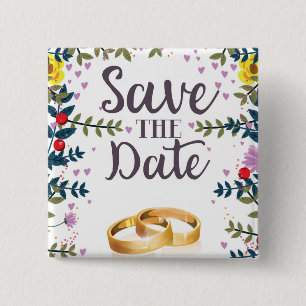 Save the Date Flowers and Wedding rings 15 Cm Square Badge
