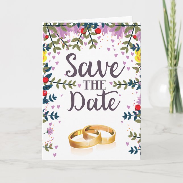 Save the Date Flowers and Wedding rings Note Card (Front)