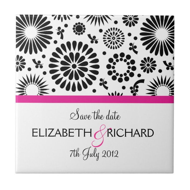 Save the Date Folk Black White Flower Boho Wedding Tile (Front)