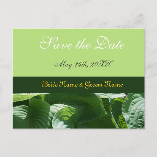 save the date, fresh green leaves announcement postcard (Front)