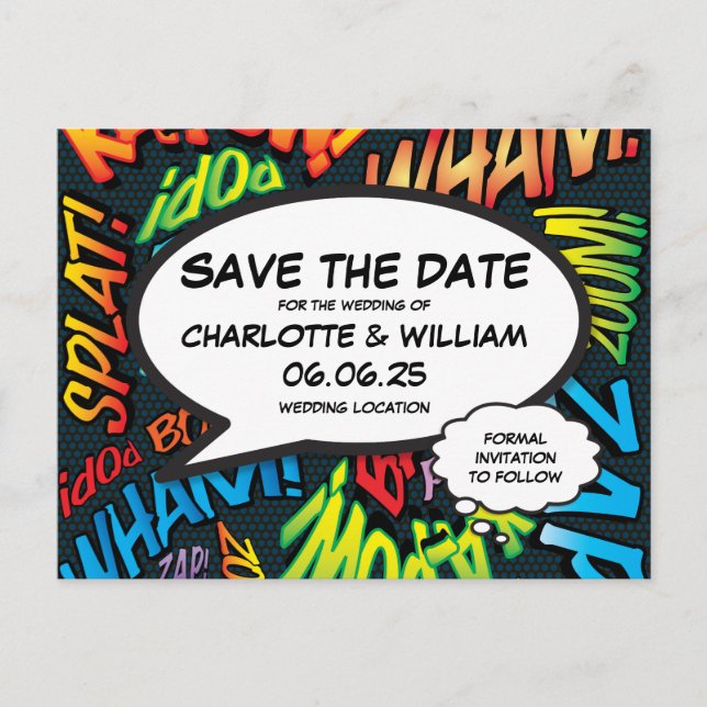 Save the Date Fun Modern Comic Book Wedding Announcement Postcard (Front)