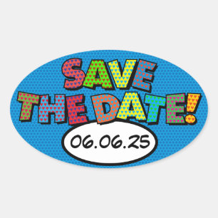 SAVE THE DATE Fun Retro Comic Book Pop Art Oval Sticker