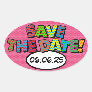 SAVE THE DATE Fun Retro Comic Book Pop Art Oval Sticker