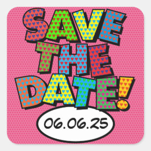SAVE THE DATE Fun Retro Comic Book Pop Art Square Sticker
