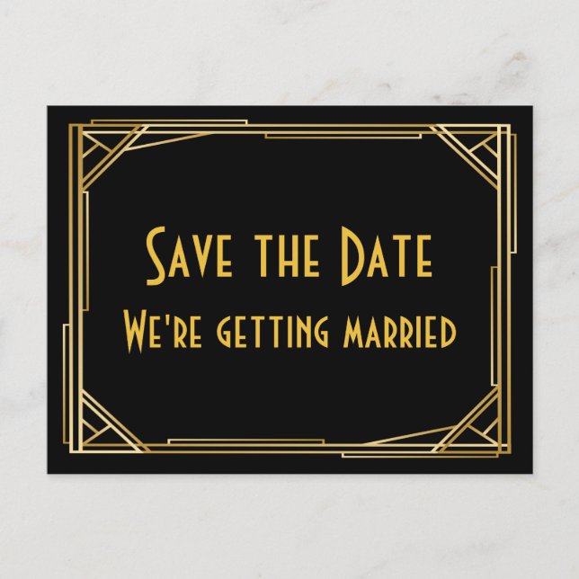 Save The Date Gatsby Gold Black Art Deco Wedding Announcement Postcard (Front)