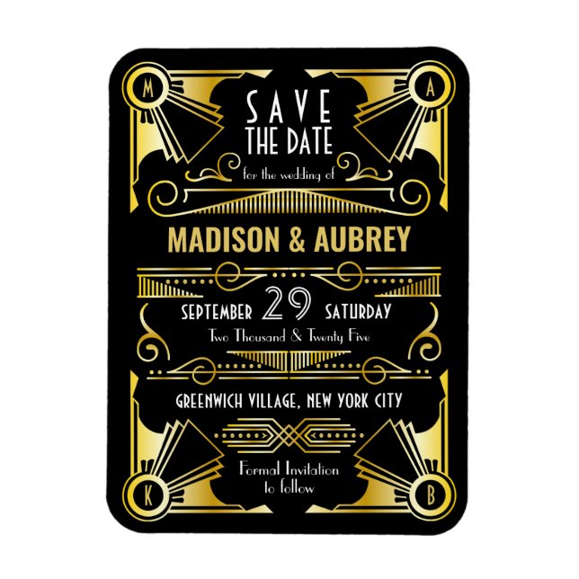 Save the Date Gatsby Wedding Art Deco Gold Black Magnet (Vertical)
