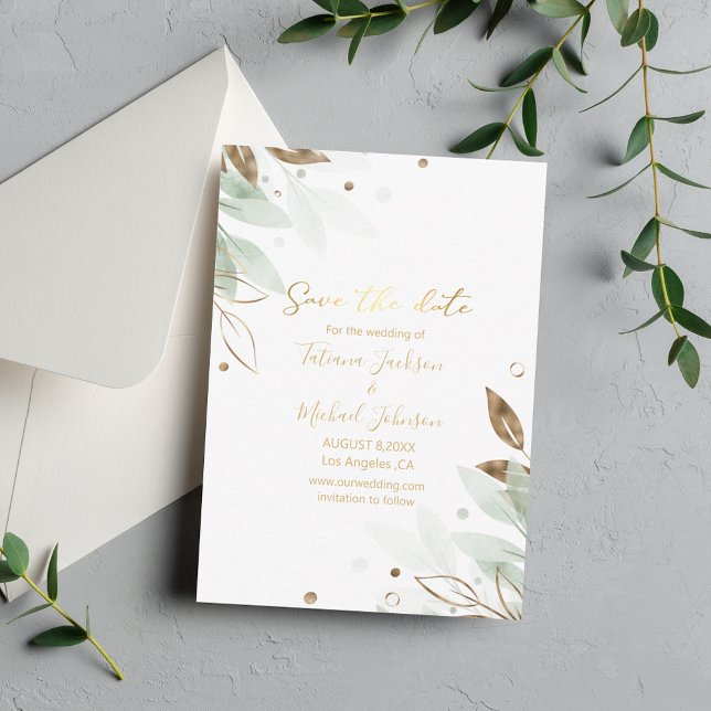 save the date gold and green floral wedding card (Creator Uploaded)