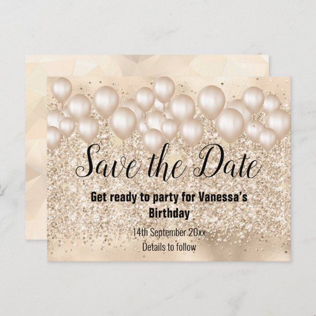 Save the Date Gold Balloons Glitter 2Announcement  Announcement Postcard (Front/Back)