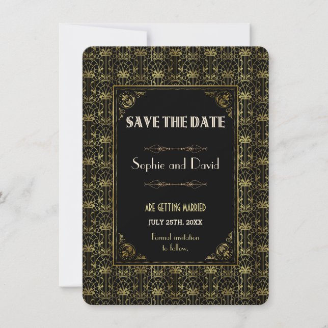 Save The Date | Gold Black Roaring 20s Art Deco Invitation (Front)