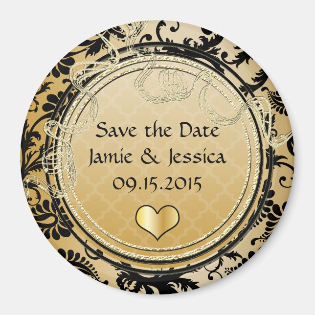 Save the Date Gold & Black Vintage Damask Magnet (Front)
