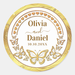 Save the Date, Gold Butterflies and Hearts Classic Round Sticker