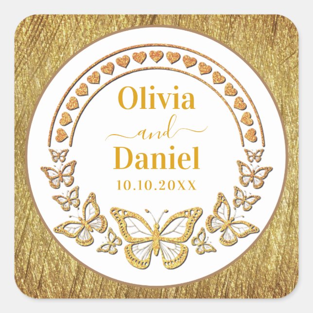 Save the Date, Gold Butterflies and Hearts Square Sticker (Front)