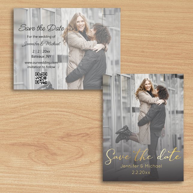 save the date gold calligraphy couple 2 photos  announcement postcard (Creator Uploaded)