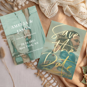Save the Date Gold Calligraphy Photo  Foil Invitat