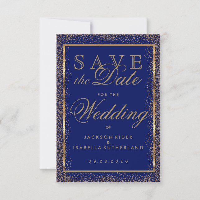 Save the Date Gold Confetti and Dark Blue (Front)