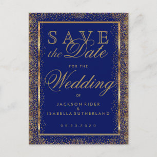 Save the Date Gold Confetti and Dark Blue Announcement Postcard