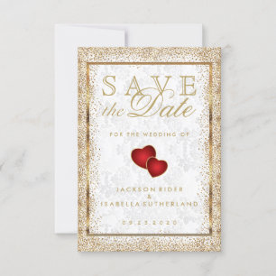 Save the Date Gold Confetti and White Damask