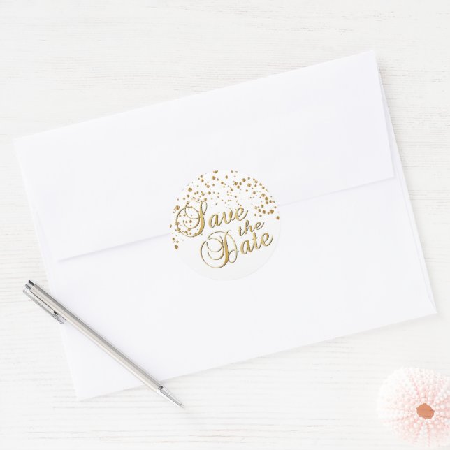 Save the Date | Gold Confetti Dots Classic Round Sticker (Envelope)