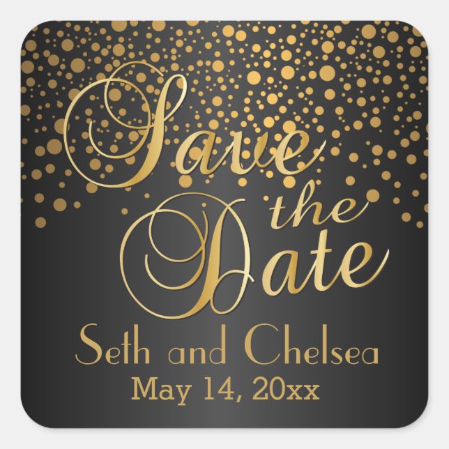 Save the Date Gold Dots and Black | Personalise Square Sticker (Front)