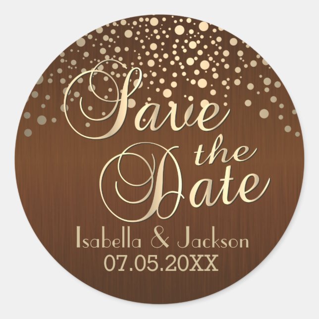 Save the Date | Gold Dots and Brown | Personalise Classic Round Sticker (Front)