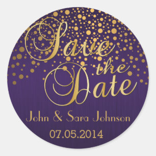 Save the Date Gold Dots and Purple Personalise Classic Round Sticker