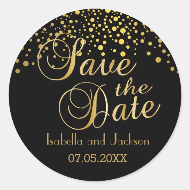 Save the Date | Gold Dots | Personalise Classic Round Sticker (Front)