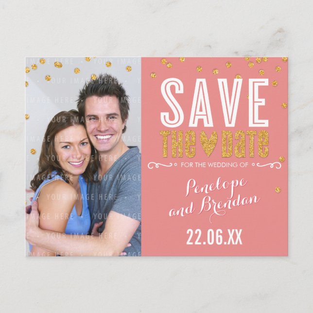 SAVE THE DATE gold glitter confetti trendy coral Announcement Postcard (Front)