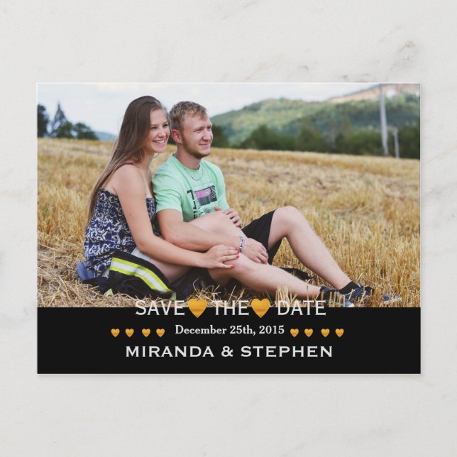 Save the Date Gold Heart Modern Wedding Photo Announcement Postcard (Front)