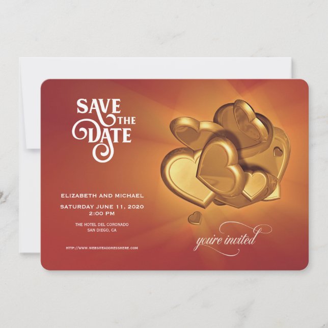 Save The Date Gold Hearts Announcement (Version 4) (Front)