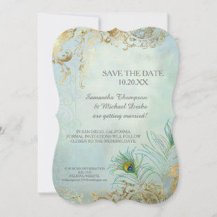 Save the Date Gold Leaf Peacock Feather Elegant Invitation