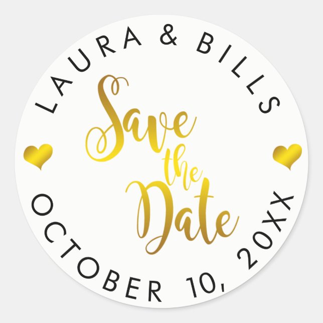 Save the Date Gold Love Glitter Wedding Classic Round Sticker (Front)