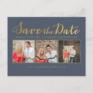 Save the Date Gold Navy Typography Photo cards