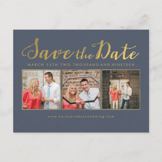 Save the Date Gold Navy Typography Photo cards