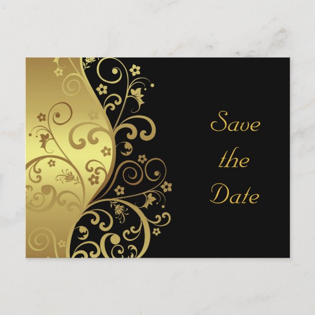 Save the Date--Gold Swirls & Black Announcement Postcard (Front)