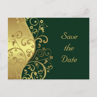 Save the Date--Gold Swirls & Dark Green Announcement Postcard