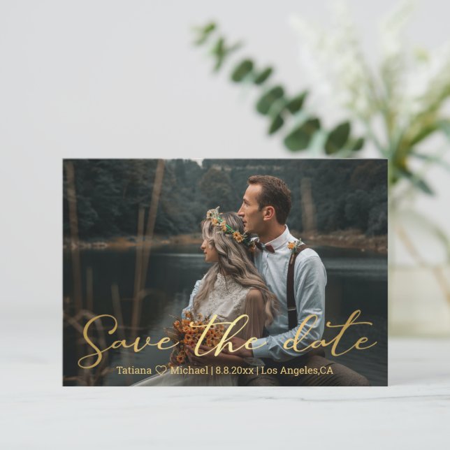 save the date gold trendy scrip wedding photo card (Standing Front)