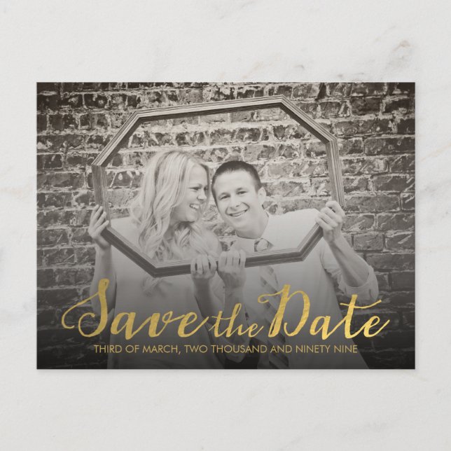 Save the Date Gold Typography Announcement Postcard (Front)