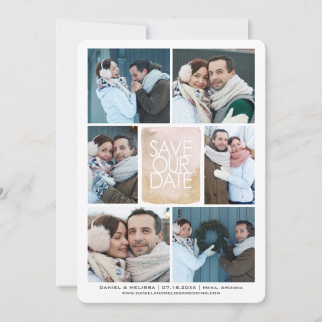 Save The Date Gold Watercolor Centre Photo Grid  | (Front)