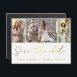 save the date gold wedding 3 photos collage magnet<br><div class="desc">background photos by freepik.com
elegant stylish save the date , gold calligraphy,  wedding  3 photos collage, custom card.</div>