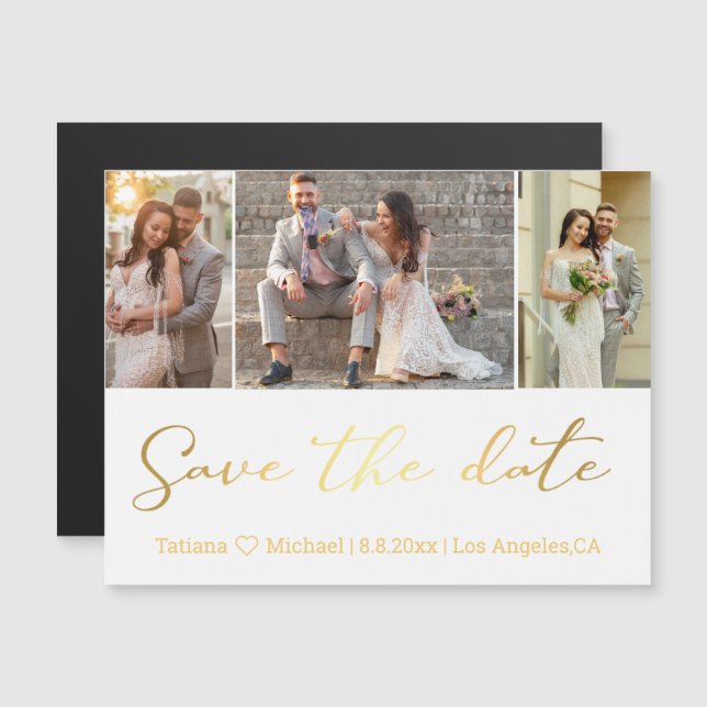 save the date gold wedding 3 photos collage magnet (Front/Back)